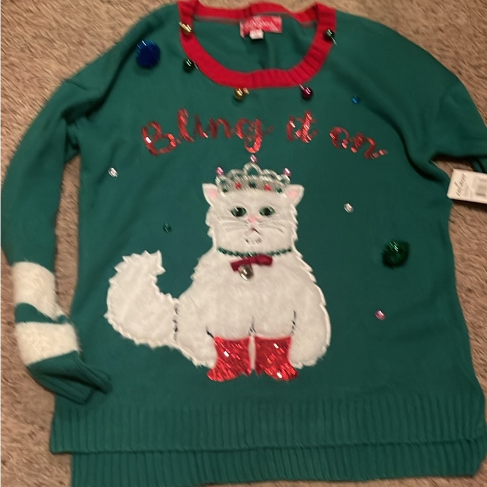 Festive Green Cat Sweater with Red Accents